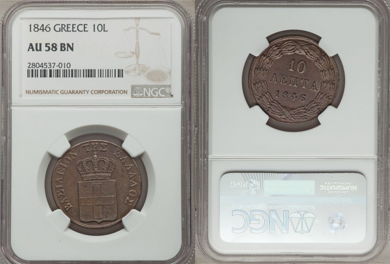 Othon 10 Lepta 1846 AU58 Brown NGC, Athens mint, KM25. Preserving an impressive ...