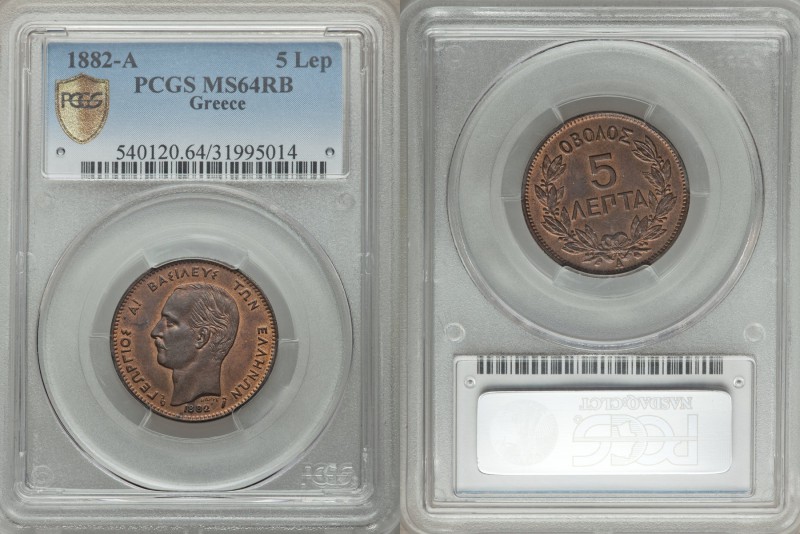 George I 5 Lepta 1882-A MS64 Red and Brown PCGS, Paris mint, KM54. Impressive an...