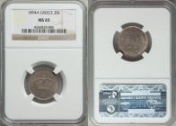George I 20 Lepta 1894-A MS65 NGC, Paris mint, KM57. An incredibly lofty grade for this circulation issue--one of only 10 between NGC and PCGS combine...