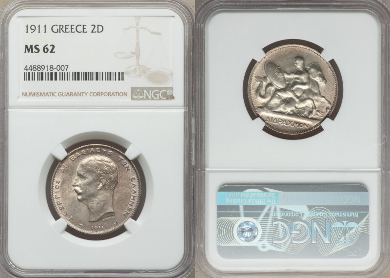 George I 2 Drachmai 1911 MS62 NGC, KM61. Classic design of Thetis seated on a se...