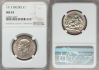 George I 2 Drachmai 1911 MS62 NGC, KM61. Classic design of Thetis seated on a sea horse holding the shield of Achilles. One-year type. Few specimens r...