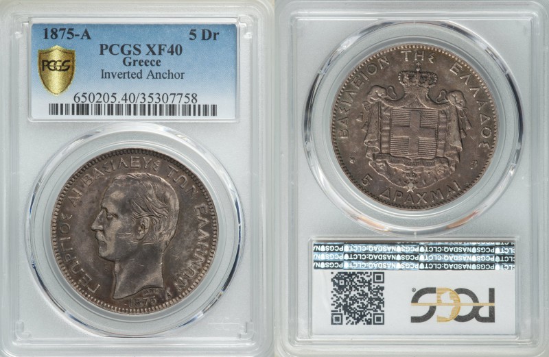 George I 5 Drachmai 1875-A XF40 PCGS, Paris mint, KM46. Variety with inverted an...