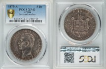 George I 5 Drachmai 1875-A XF40 PCGS, Paris mint, KM46. Variety with inverted anchor privy mark. A highly coveted variety of this larger multiple, sev...