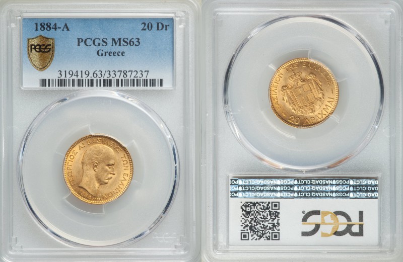 George I gold 20 Drachmai 1884-A MS63 PCGS, Paris mint, KM56. From the Costas Ch...