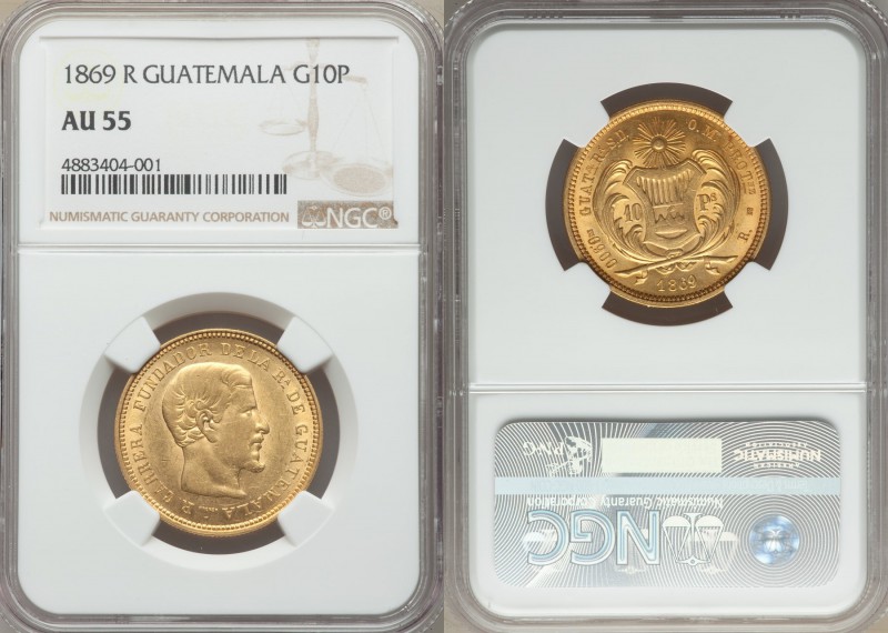 Republic gold 10 Pesos 1869-R AU55 NGC, Guatemala mint, KM193.

HID09801242017