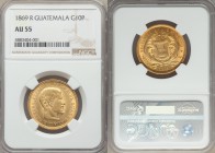 Republic gold 10 Pesos 1869-R AU55 NGC, Guatemala mint, KM193.

HID09801242017