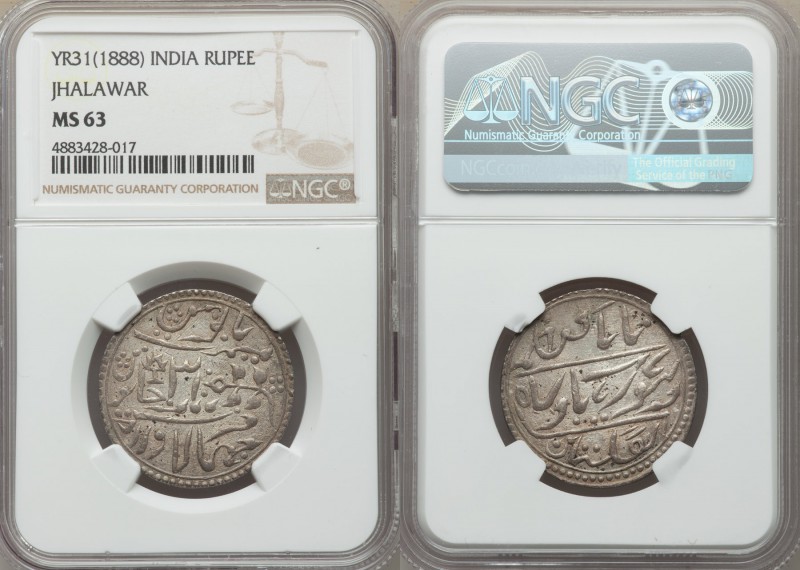 Jhalawar. Zalim Singh Nazarana Rupee Year 31 (1888) MS63 NGC, KM-Y6c. A gorgeous...