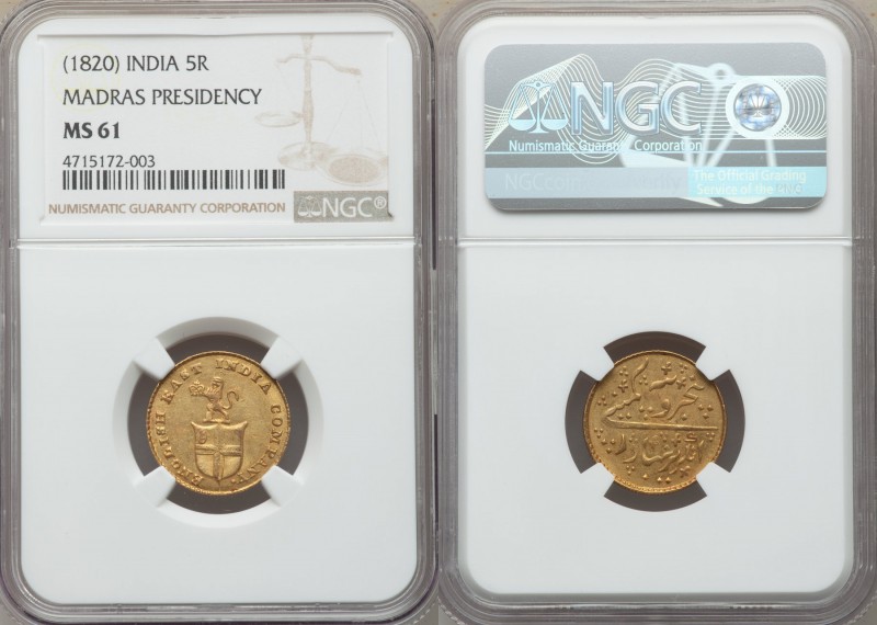 British India. Madras Presidency gold 5 Rupees (1/3 Mohur) ND (1820) MS61 NGC, M...