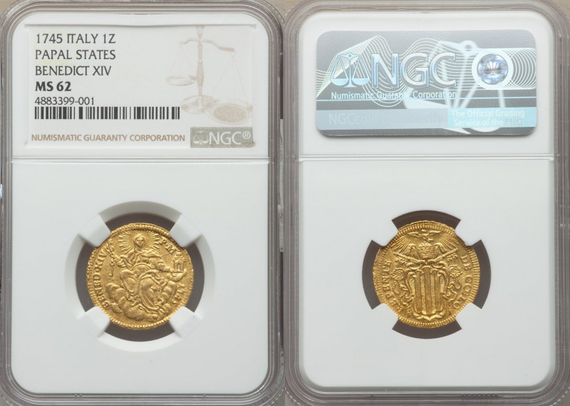 Papal States. Benedict XIV gold Zecchino 1745 MS62 NGC, Rome mint, KM943, Fr-231...