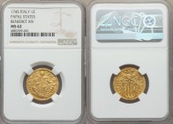 Papal States. Benedict XIV gold Zecchino 1745 MS62 NGC, Rome mint, KM943, Fr-231. An excellent example with bold details, a superb strike, and luminou...