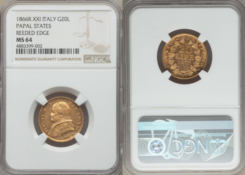 Papal States. Pius IX gold 20 Lire Anno XXI (1866)-R MS64 NGC, Rome mint, KM1382...