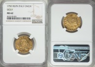 Sicily. Carlo gold Oncia 1750 VB-FN MS62 NGC, Palermo mint, KM173. A strikingly clean example for its near-choice status, waves of silky luster radiat...