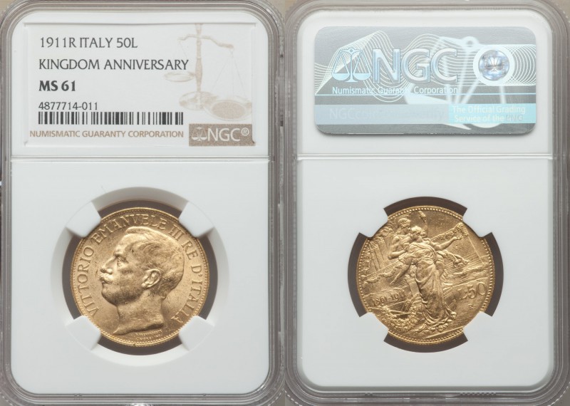 Vittorio Emanuele III gold "Kingdom Anniversary" 50 Lire 1911-R MS61 NGC, Rome m...