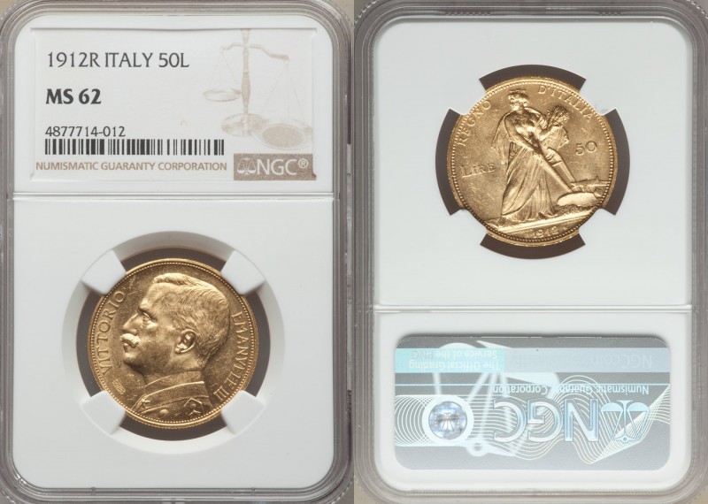 Vittorio Emanuele III gold 50 Lire 1912-R MS62 NGC, Rome mint, KM49, Fr-27. A pi...