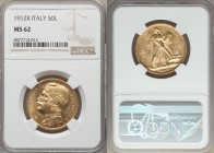 Vittorio Emanuele III gold 50 Lire 1912-R MS62 NGC, Rome mint, KM49, Fr-27. A piece with a striking theme and elegant design, evincing many signs of a...