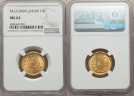 Meiji gold 10 Yen Year 32 (1899) MS63 NGC, KM-Y33. Supremely satiny for the assigned grade, with delightful cartwheel luster which seems to push the u...
