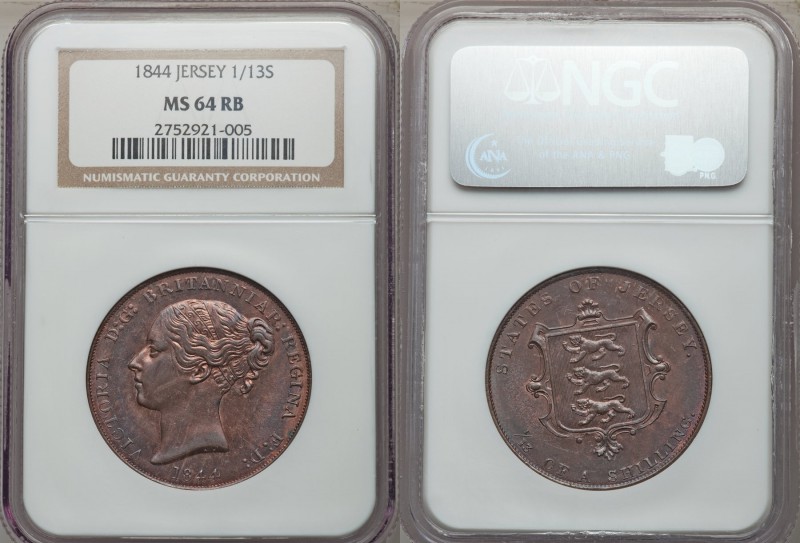 British Dependency. Victoria 1/13 Shilling 1844 MS64 Red and Brown NGC, KM3, S-7...