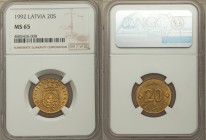 Republic 20 Santimu 1992 MS65 NGC, KM22.1. Brassy surfaces with underlying luster. From the Engelen Collection of World Coinage

HID09801242017