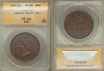 Republic Proof Pattern 2 Cents 1847 PR63 Brown ANACS, KM-Pn2. Superb glossy surfaces and crisp details with an attractive chocolate-brown patina with ...