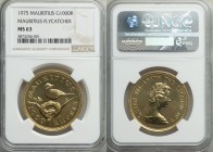 British Colony. Elizabeth II gold "Mauritius Flycatcher" 1000 Rupees 1975 MS63 NGC, KM42. AGW 0.9675 oz. 

HID09801242017