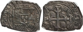 Philip V Klippe Cob 8 Reales 1733 Mo-F XF45 NGC, Mexico City mint, KM47a. 26.52gm. Produced as a transitional type between cob and milled coinage. A h...