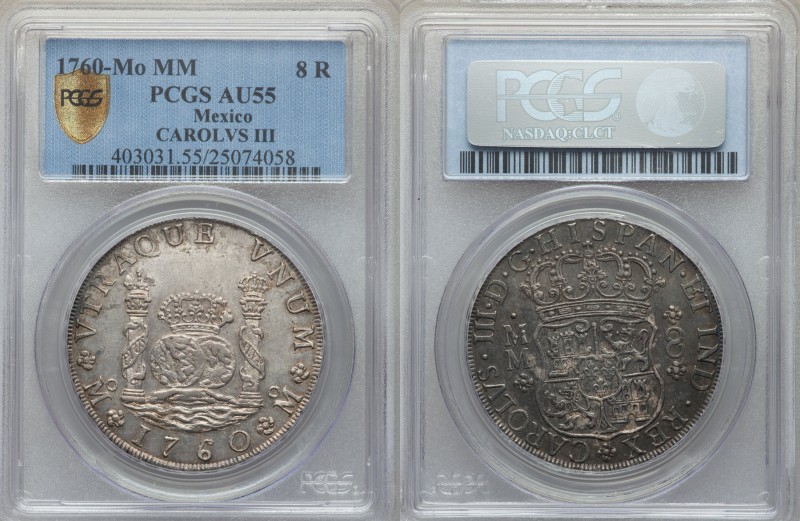 Charles III 8 Reales 1760 Mo-MM AU55 PCGS, Mexico City mint, KM105. Enticing ref...