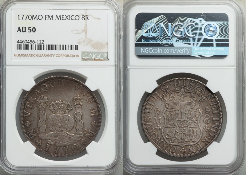 Charles III 8 Reales 1770 Mo-FM AU50 NGC, Mexico City mint, KM105. Argent in the...