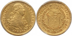 Charles IV gold 2 Escudos 1791 Mo-FM AU53 PCGS, Mexico City mint, KM132. "Mo over inverted Mo" variety. A strong strike causes the devices to stand cr...