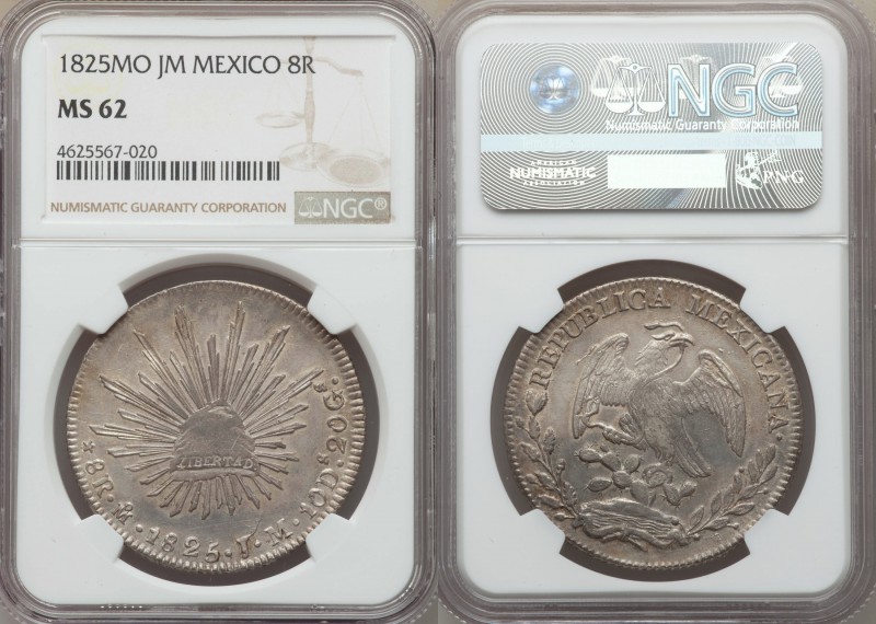 Republic 8 Reales 1825 Mo-JM MS62 NGC, Mexico City mint, KM377.10, DP-Mo04. Meda...