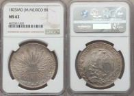 Republic 8 Reales 1825 Mo-JM MS62 NGC, Mexico City mint, KM377.10, DP-Mo04. Medal Axis. With crisp devices, a bit of softness in the center of the eag...