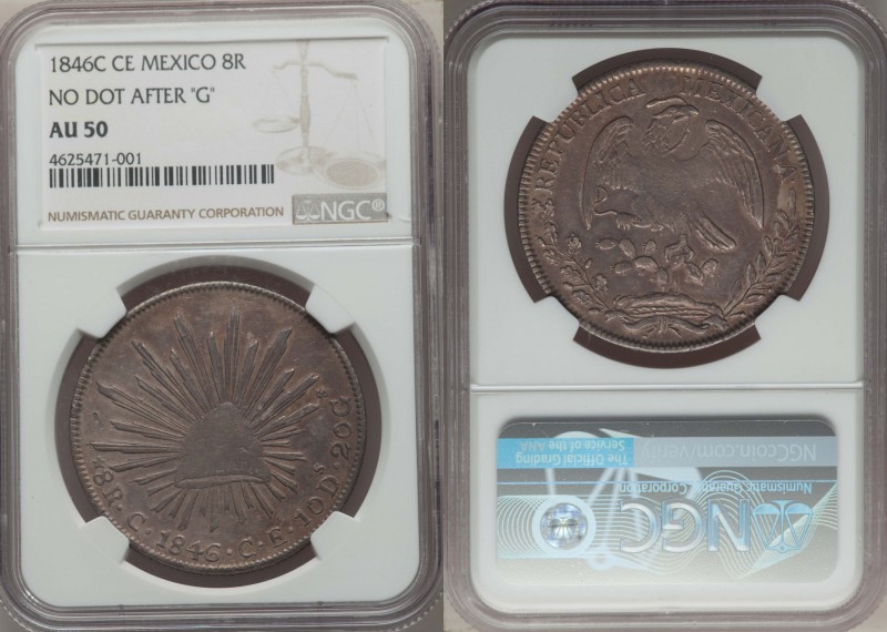 Republic 8 Reales 1846 C-CE AU50 NGC, Culiacan mint, KM377.3, DP-Cn01. A popular...