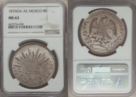 Republic 8 Reales 1876 Oa-AE MS63 NGC, Oaxaca mint, KM377.11, DP-Oa21. Appearing to be the scarcer cap style of 1873. An engaging sift of graphite ton...