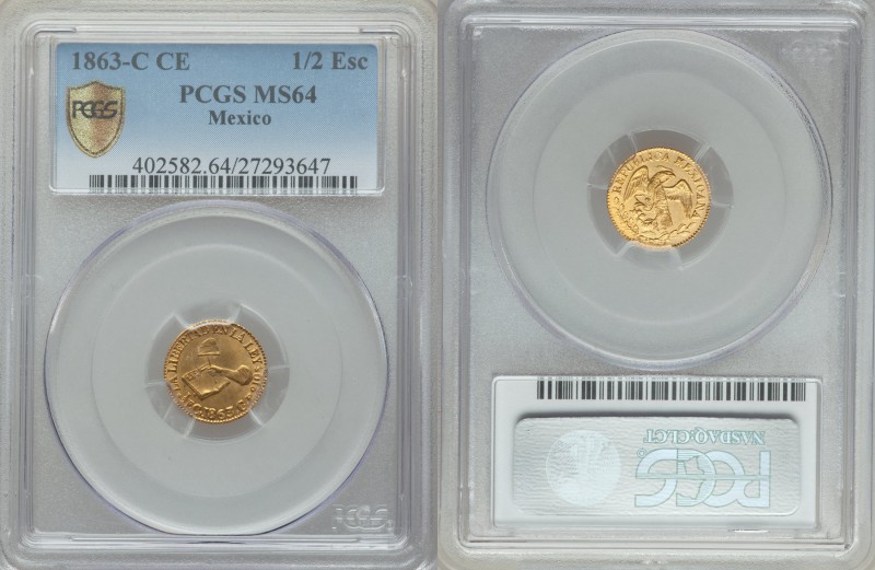 Republic gold 1/2 Escudo 1863 C-CE MS64 PCGS, Culiacan mint, KM378.

HID09801242...