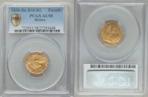 Republic gold Escudo 1836 Do-RM/RL AU58 PCGS, Durango mint, KM379.1. Scarce near Mint State quality for the mint, every detail of the book bold and fu...