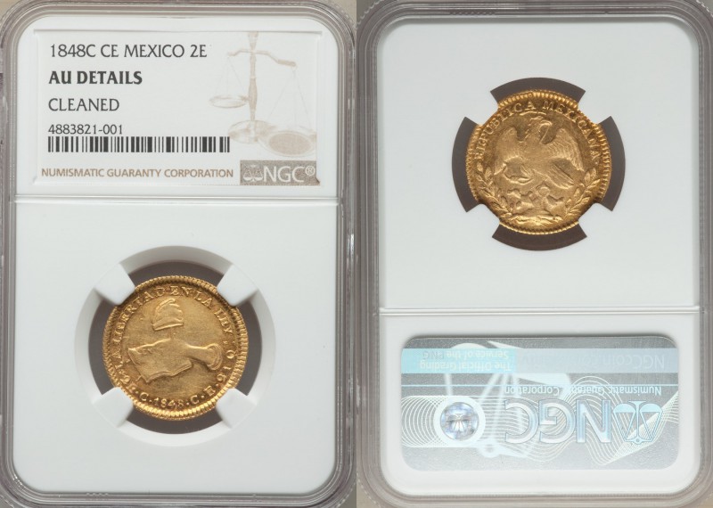 Republic gold 2 Escudos 1848/7 C-CE AU Details (Cleaned) NGC, Culiacan mint, KM3...