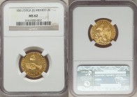 Republic gold 2 Escudos 1861/59 Ga-JG MS62 NGC, Guadalajara mint, KM380.3. A difficult type to acquire in Mint State, particularly so near choice with...