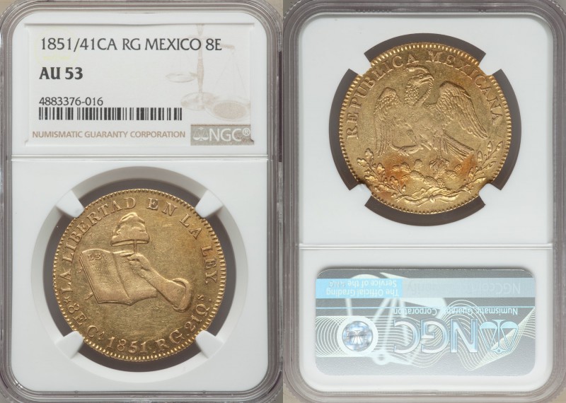 Republic gold 8 Escudos 1851/41 Ca-RG AU53 NGC, Chihuahua mint, KM383.1. A clear...