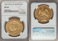 Republic gold 8 Escudos 1867/57 Go-YF MS60 NGC, Guanajuato mint, KM383.7, Onza-1977. Lustrous, with an unmistakable degree of reflectivity in the fiel...