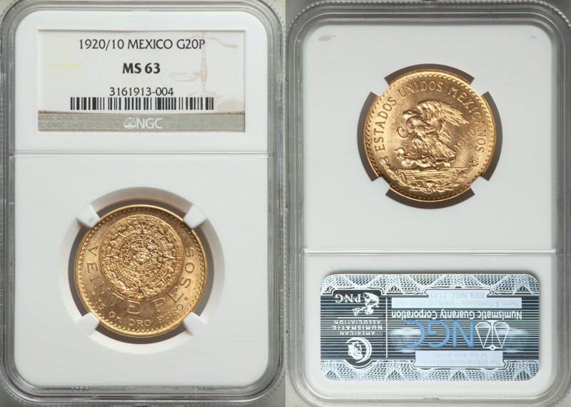 Estados Unidos gold 20 Pesos 1920/10 MS63 NGC, Mexico City mint, KM478. AGW 0.48...