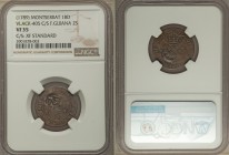 British Colonial "M" Countermarked Black Dogg (1-1/2 Pence) ND (1789) VF35 NGC, KM1, Prid-8, Vlack-405. Struck over French Guiana - Cayenne Louis XVI ...