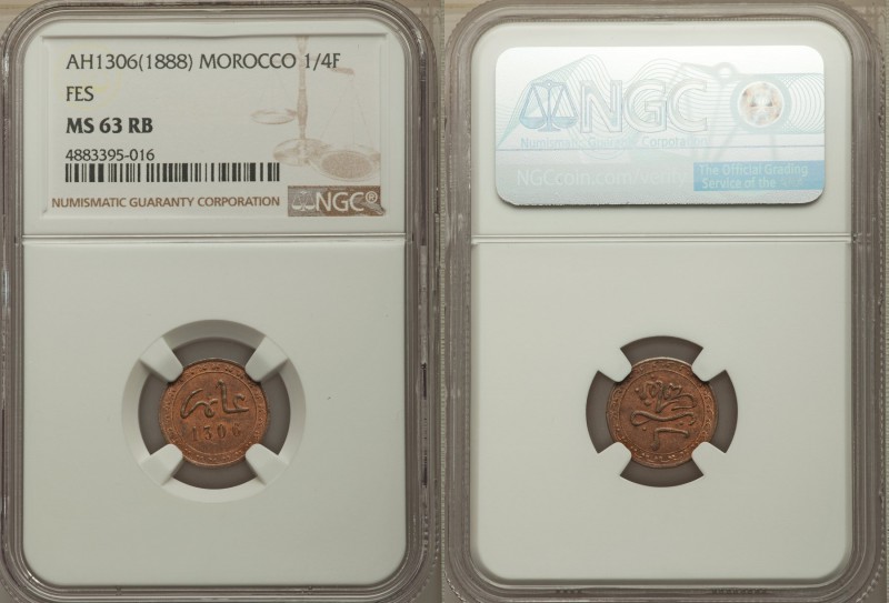 Al-Hasan I bronze 1/4 Falus AH 1306 (1888) MS63 Red and Brown NGC, KM-YC1. Consi...