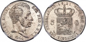 Willem I 3 Gulden 1821 AU55 NGC, KM49. Name below bust variety. A pleasing example that is well struck with bold features and minimal evidence of hand...