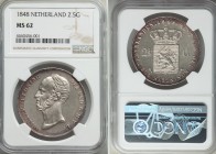 Willem II 2-1/2 Gulden 1848 MS62 NGC, KM69. Flashy and well-struck with a delightful accenting halo of copper tone gracing the peripheries. 

HID09801...