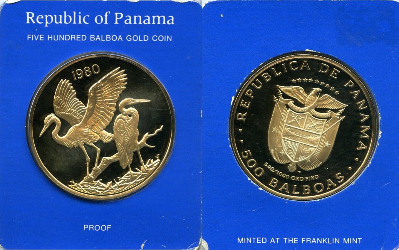 Republic gold Proof "Egrets" 500 Balboas 1980-FM, Franklin mint, KM70. Comes sea...