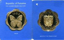 Republic gold Proof "Owl Butterfly" 500 Balboas 1983-FM, Franklin mint, KM96. Mintage: 73. Comes sealed in original Franklin mint cardboard holder. AG...