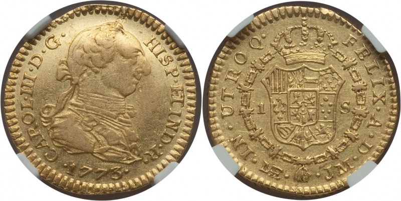 Charles III gold Escudo 1773 LM-JM AU53 NGC, Lima mint, KM79. Cataloged as a rar...