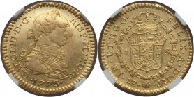 Charles III gold Escudo 1773 LM-JM AU53 NGC, Lima mint, KM79. Cataloged as a rare assayer, this example is well-struck and maintains significant luste...