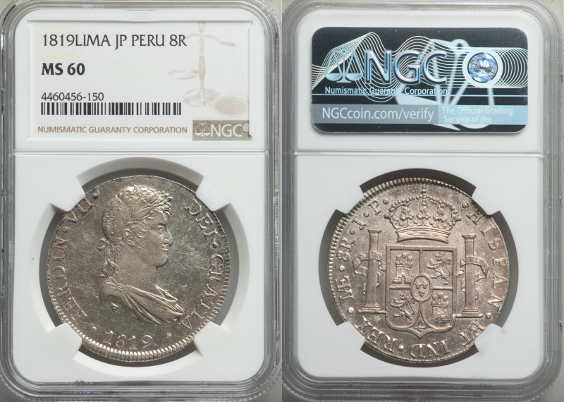 Ferdinand VII 8 Reales 1819 LM-JP MS60 NGC, Lima mint, KM117.1. Well struck with...