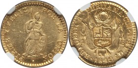 Republic gold Escudo 1840 CUZCO-A MS62 NGC, Cuzco mint, KM147.3. Some amber tones faintly highlight the peripheries of the uniform appearing surfaces ...