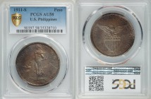 USA Administration Peso 1911-S AU58 PCGS, San Francisco mint, KM172. A better date for the type, a fusion of darker blue, magenta, and tangerine tones...